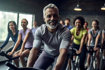 Fototapeta na wymiar Fit mature african american man in sportswear riding stationary bike during cycling class in a gym with a diverse group of people.