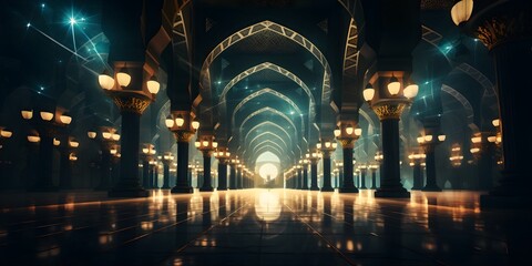 Islamic mosque interior architecture. Celebration of Ramadan Kareem - obrazy, fototapety, plakaty