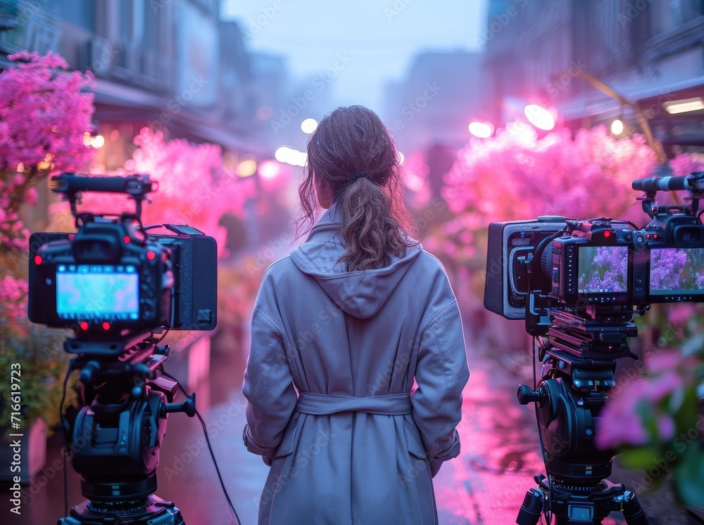 Wall mural a confident woman captures the vibrant city life through her magenta camera, standing among blooming