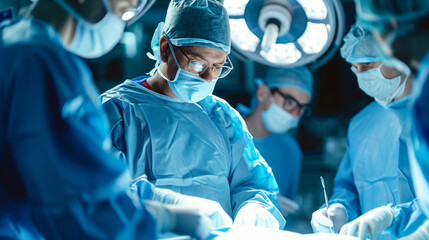 A skilled surgeon leading a complex procedure in an operating room, with focused interns assisting. The sterile environment and precision of the medical team highlight the dedicati - obrazy, fototapety, plakaty