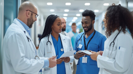A diverse team of doctors and interns collaborating on patient rounds in a modern hospital setting. The interaction emphasizes the interdisciplinary approach to healthcare and the