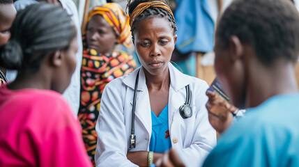 A medical team, including interns, participating in a community health outreach program, conducting screenings and providing healthcare services. The scene highlights the broader i