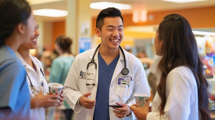 A doctor and interns in a light-hearted moment during a break, sharing a laugh in the hospital cafeteria. The camaraderie and support within the medical community are reflected in