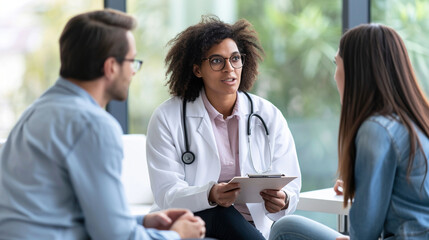 A doctor and interns discussing treatment options with a patient and their family, highlighting the collaborative and compassionate approach to healthcare decision-making. - obrazy, fototapety, plakaty