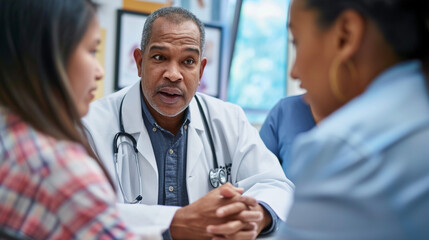 A doctor and interns discussing treatment options with a patient and their family, highlighting the collaborative and compassionate approach to healthcare decision-making.