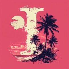 Capital letter or number with Coconut trees, palm trees and beach