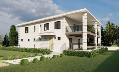White walls villa with garden, garden furniture garage and big terrace. 3d renders. - obrazy, fototapety, plakaty