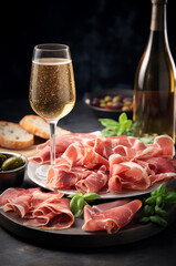 Prosciutto meat charcuterie board with assorted olives and glass of wine. Vertical, side view.
