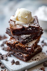 Stack of brownie cookies topped with a scoop of vanilla ice cream, close-up, vertical. Close-up of brownies with ice cream and powdered sugar. "Brownie stack with ice cream, selective focus