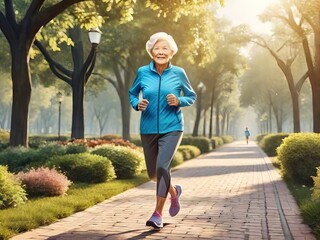 Fototapeta premium portrait of mature woman running outdoors, maintaining a healthy lifestyle through regular exercise, embracing fitness and wellness at park.