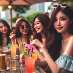 Group of Asian female friends having a drink outdoors