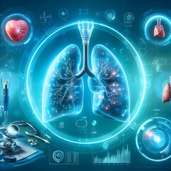 futuristic medical research or lungs health care with diagnosis and vitals biometrics for clinical hospital asthma and respiratory cancer and disease tests services as virtual screen with copy space  - obrazy, fototapety, plakaty
