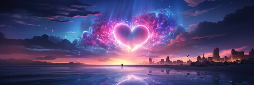 Surreal Cosmic Love at the Beach: Heart Nebula and Twilight Shore - Valentine's Day Concept