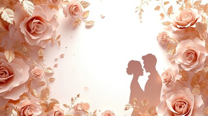 Romantic Floral Silhouette: Pale Pink Roses and Golden Leaves on White - Valentine's Day Concept
