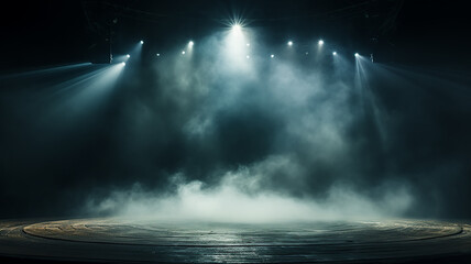 stage fog, smoke in the background light of theater spotlights on an empty stage, illuminated podium in the hall