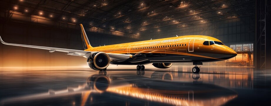 A massive aircraft housed in an aircraft maintenance hangar for inspection and repairs.