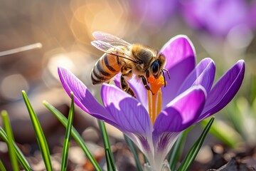 Honeybee on purple crocus flower. Nature macro shot. Spring pollination concept. Springtime...