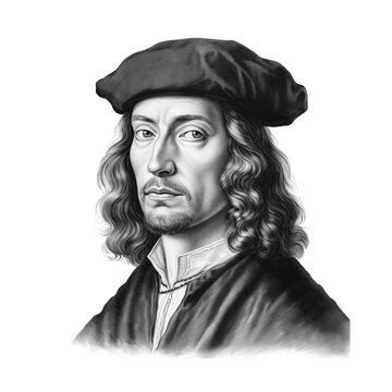 Black and white vintage engraving, close-up headshot portrait of Albrecht D&uuml;rer, the famous historical German old master painter and printmaker, white background, greyscale