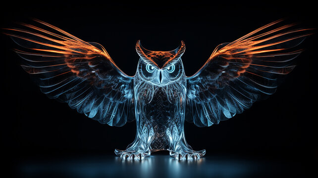neon glowing generated owl on black background, predatory night bird logo, overlay layer
