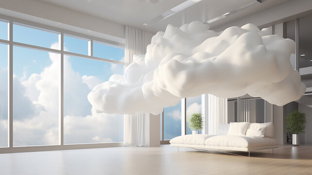 interior apartment in the clouds, light colors, large windows, panoramic view of the sky , heaven real estate