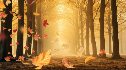 leaf fall in autumn park, landscape background falling leaves on the background of a landscape misty in the morning sun steam