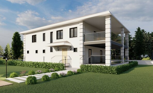 White walls villa with garden, garden furniture garage and big terrace. 3d renders.