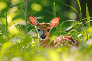 Cute fawn hiding in tall green grass. Spring wildlife scene. Springtime nature concept. Design for banner, poster, wallpaper