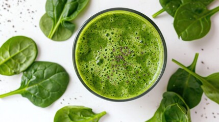 Fresh green smoothie next to raw spinach leaves on a white surface, concept of detox and clean eating