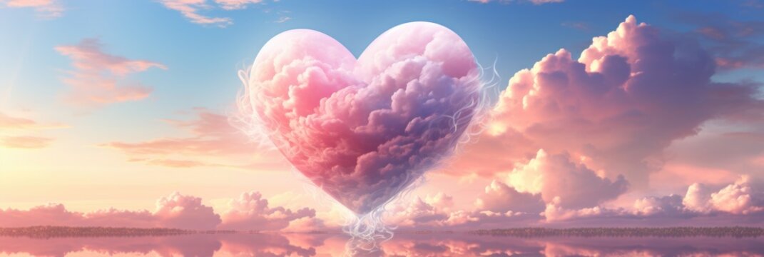 Ethereal Cloud Heart in Sunset Sky: Fluffy Pastel Formation Over Sea of Clouds - Valentine's Day Concept