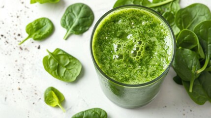 Obraz premium Fresh green smoothie next to raw spinach leaves on a white surface, concept of detox and clean eating