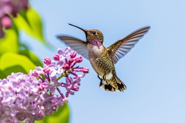Fototapeta premium Hummingbird hovering near pink lilac blooms. Spring wildlife scene. Springtime nature concept. Design for banner, poster, wallpaper