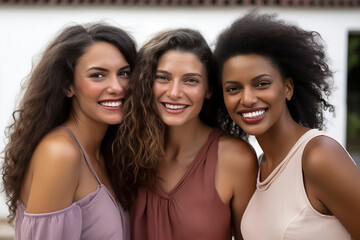 three young women showcasing diverse hairstyles, standing closely together in sleeveless tops, ai generative