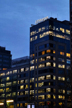 Warsaw, Poland, December 12, 2023: sign on the J. P. Morgan building.