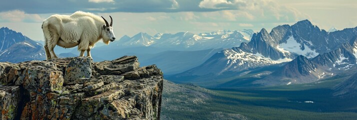 Mountain goat standing on a rocky ledge with on mountains background. Panoramic wildlife scene. Spring nature beauty. Design for banner, poster, header with copy space