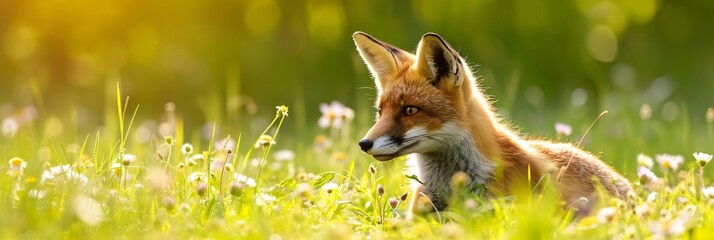 Obraz premium Red fox lying in a field of yellow flowers. Panoramic wildlife scene. Spring nature beauty. Design for banner, poster, header with copy space