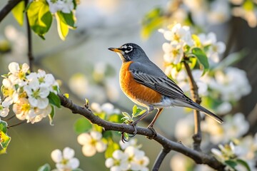 American Robin on a branch amid white apple blossoms. Spring wildlife scene. Springtime nature beauty. Design for banner, poster, wallpaper