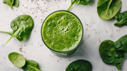 Obraz premium Fresh green smoothie next to raw spinach leaves on a white surface, concept of detox and clean eating