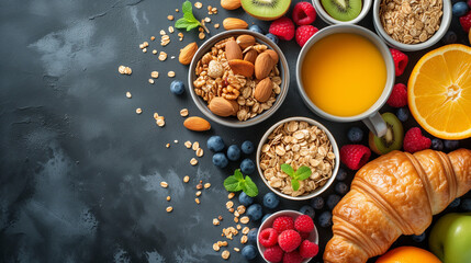 Morning Delights, Enjoy a breakfast spread featuring coffee, tea, sweets, and fresh fruits