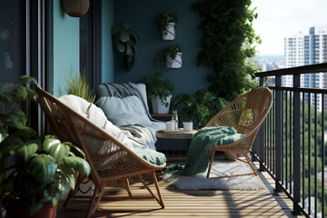 cozy balcony with two chairs, a table, and plants, overlooking a cityscape during daylight, ai generative