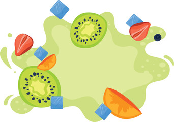 Colorful fruits and ice cubes on a green smoothie splash. Kiwi, strawberry, orange slice, wellness concept. Fresh juice and summer refreshment vector illustration.
