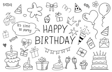 Naklejka premium Cartoon birthday doodle elements set. Hand drawn party and birthday decoration. Line art. Handwritten lettering. Flag garland, birthday cake, party harts and hand drawn lettering happy birthday.