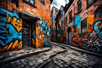 Tuinposter a standard urban scene into an urban style with graffiti tags on building walls involves adding vibrant street art elements. Let's imagine a cityscape with a touch of urban flair   © Noor