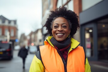 Naklejka premium Portrait of a smiling afro-american woman in her 50s dressed in a water-resistant gilet against a busy urban street. AI Generation