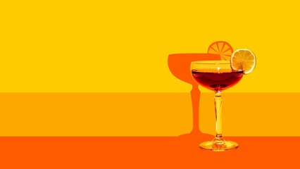 Contemporary art collage. Desert and Negroni. Refreshing alcoholic cocktails sitting on vivid bar counter against yellow background. Concept of parties and holidays, Friday mood, summertime.