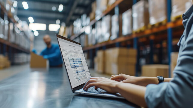 person from behind, working on a laptop with charts and data on the screen