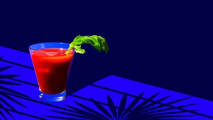 Contemporary art collage. Spicy and Refreshing. Classic Bloody Mary cocktail garnished with celery serving on blue bar counter with shadows of plants. Concept of parties and holidays, Friday mood.