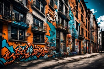 a standard urban scene into an urban style with graffiti tags on building walls involves adding...