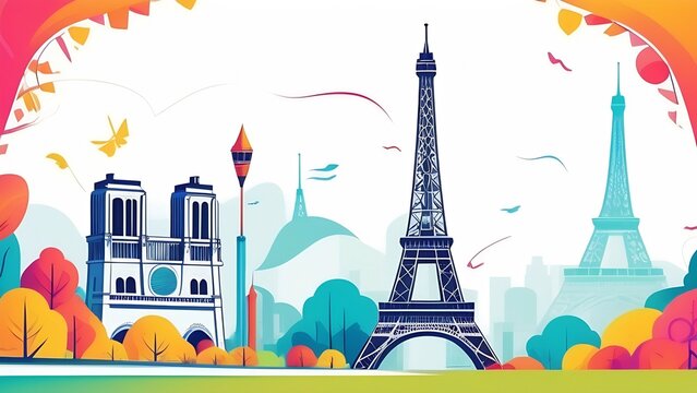 a French street with houses and a TV tower against the background of trees before the Olympic Games, a concept of a tourist poster in watercolor style