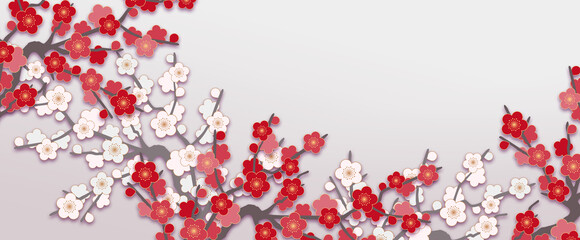 和風な紅白の梅の花の背景、背景白