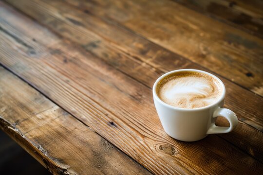 A top-down view of a cappuccino with intricate latte art on a rustic wooden table surface, offering a perfect blend of art and flavor in a traditional coffee experience. Ai generated